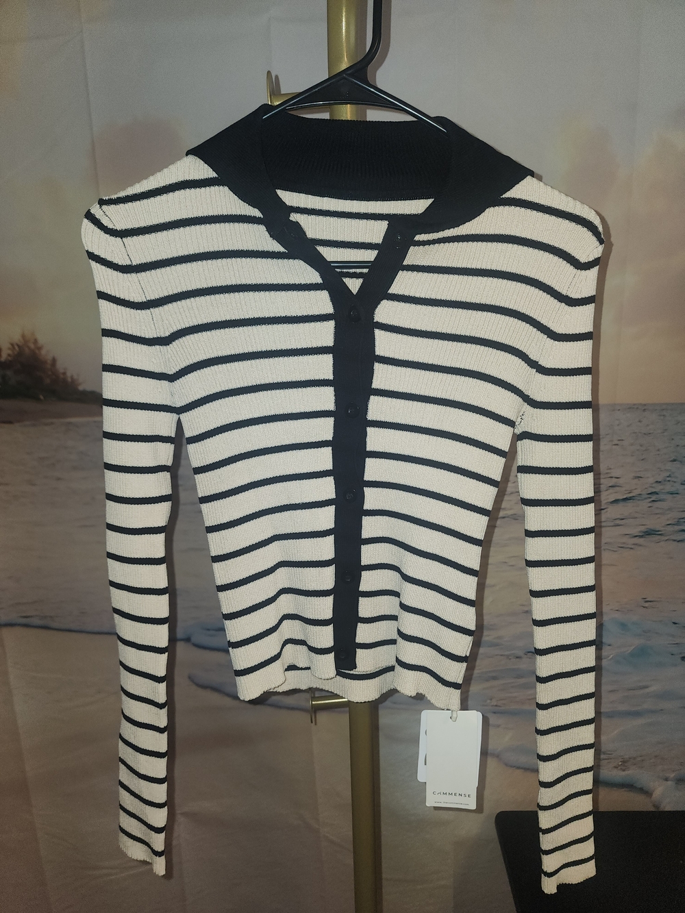 COMMENSE Striped Black & White Button-Front Women's Sweater